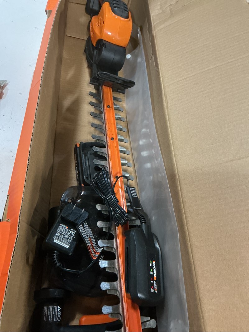 Condition photo showing As Is for worx 22" cordless hedge trimmer, electric hedge trimmer with dual-action blades, lightweight bush trimmer with 5.5 lbs, battery & charger included, wg261 22" 20v hedge trimmer w/(1)2.0ah battery