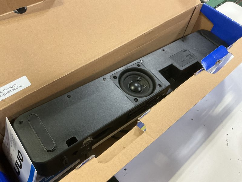 Condition photo showing As Is for onn. 2.0 led soundbar with 2 speakers  20