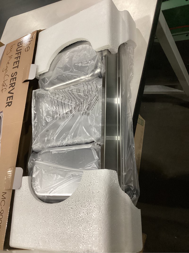 Condition photo showing New/Like New for megachef stainless steel easy clean buffet server & food warmer with 3 sectional trays