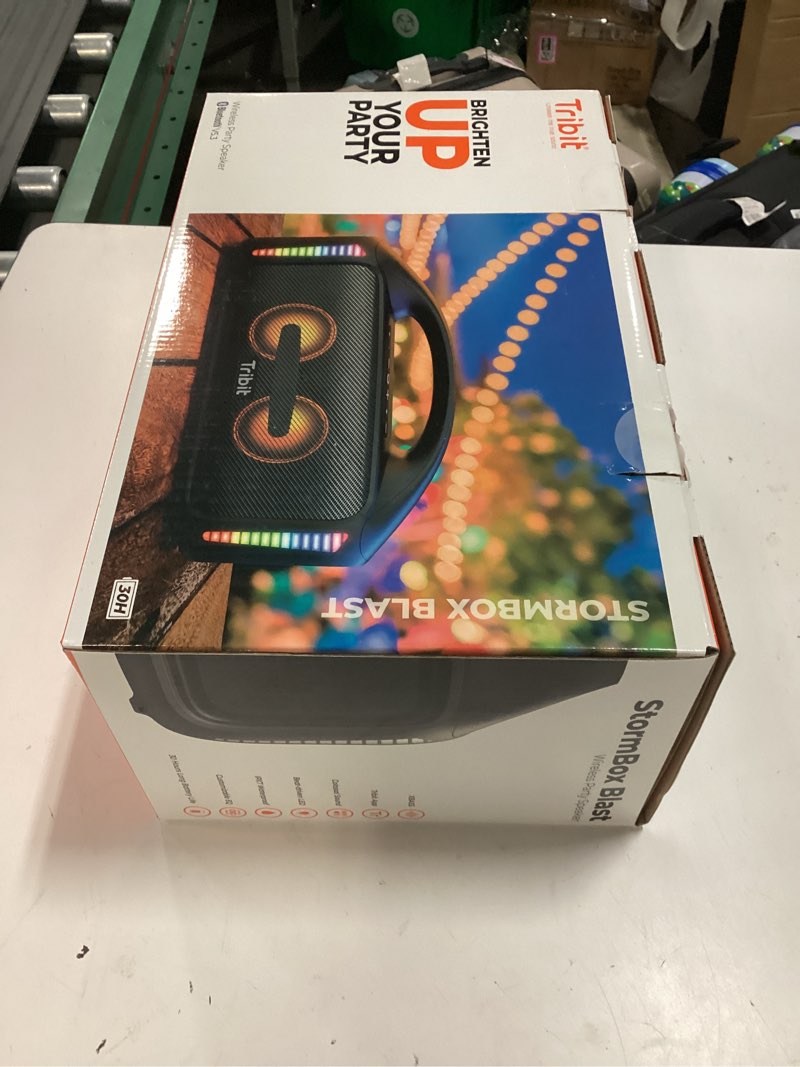 Condition photo showing New/Like New for tribit stormbox blast portable bluetooth speaker, (140w peak) 90w loud stereo sound with 30h playtime, ipx7 waterproof, led light, wireless, xbass, bt5.3, tws, custom eq, party/outdoor/camping/beach