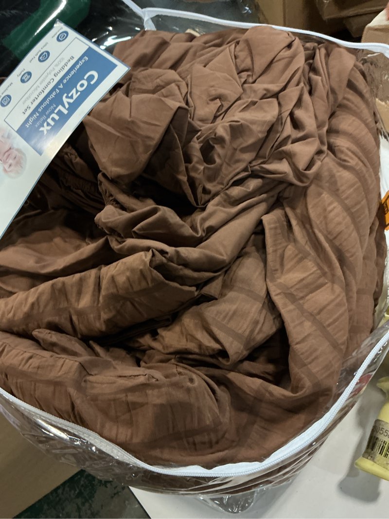 Condition photo showing Good Condition for CozyLux King Size Comforter Set Brown Seersucker 7 Pieces Bed in a Bag King Comforter Set with Sheets, Luxury Soft Bedding Set with Down Alternative Comforter, Sheets, Pillowcases & Shams All Seasons Brown King