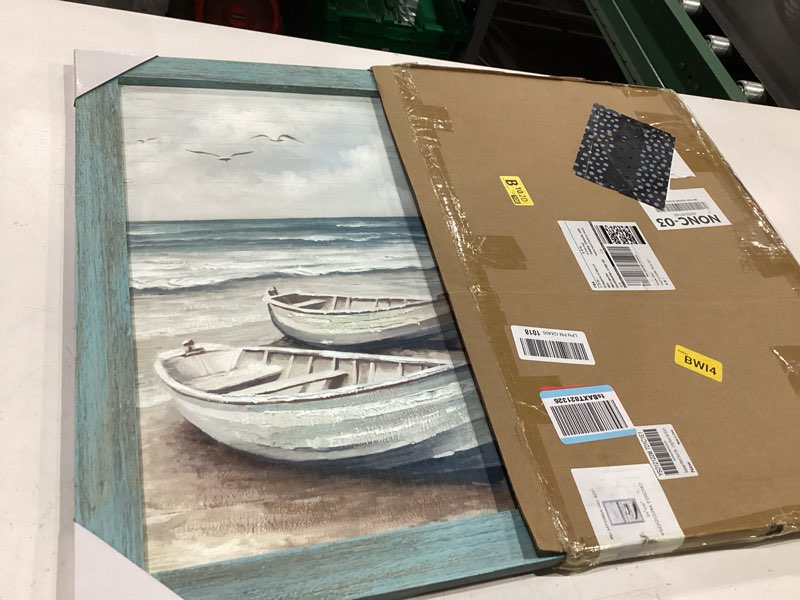 Condition photo showing New/Like New for beach wooden framed wall art: coastal sea boat rustic painting print ocean sea bird scene artwork seaside relaxing seascape picture decor for bedroom bathroom living room 11x16 inch beach little boat 16"l x 11"w