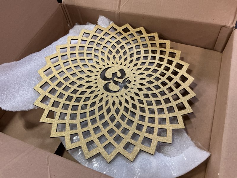 Condition photo showing Good Condition for my dream carts golden om round decorative wall art mdf wooden om chakra for temple, living room, bedroom, office, hotel, home decor items, gift item, mandala wall hanging for house decoration 45x45cm mandala om-gold 18"l x 18"w