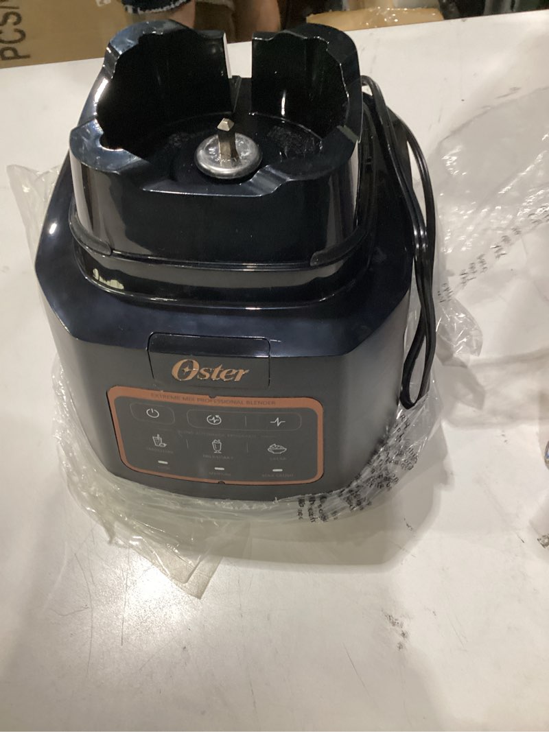 Condition photo showing As Is for oster extreme mix blender, 1500-watt high-speed countertop blender with 64oz jar & auto programs, perfect for smoothies, milkshakes, salsa 1500 watts tritan jar, incomplete, not tested