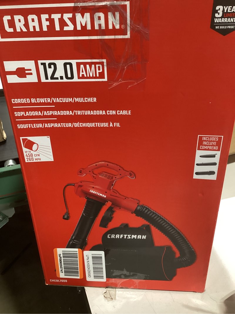 Condition photo showing Good Condition for CRAFTSMAN 3-in-1 Leaf Blower, Vacuum and Mulcher, Backpack Blower Up to 260 MPH, 12 Amp, Corded Electric Leaf Collector (CMEBL7000) 260 MPH Blower/VAC
