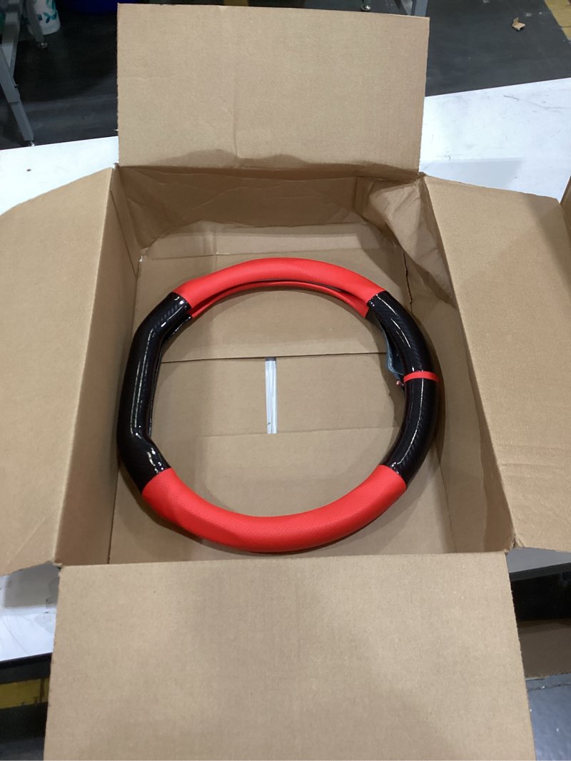 Condition photo showing Good Condition for car steering wheel cover, 15 inch carbon fiber leather stitching color steering wheel protector, anti-slip elastic breathable steering wheel cover stylish decor for most cars (black&red)