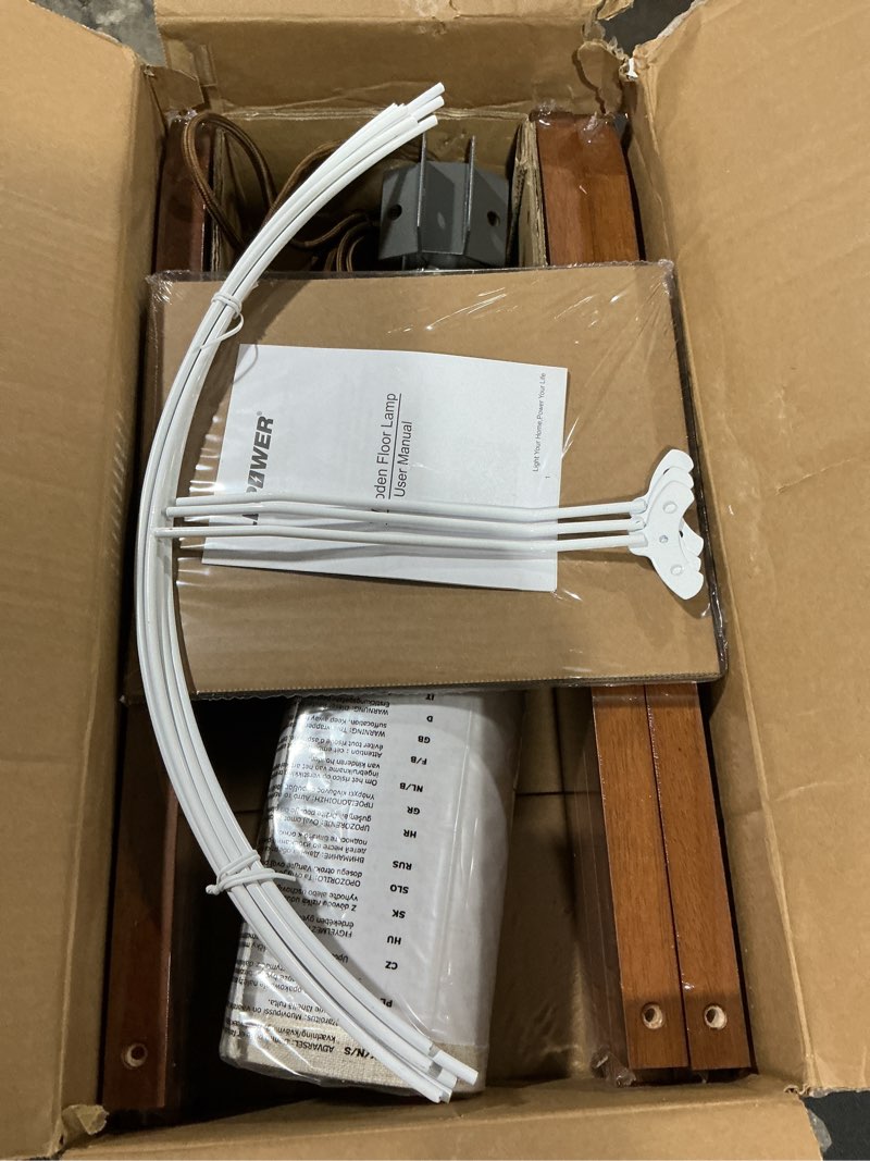 Condition photo showing New/Like New for LEPOWER Wood Tripod Floor Lamp, Mid Century Standing Lamp, Modern Design Studying Light for Living Room, Bedroom, Study Room and Office, Flaxen Linen Shade with E26 Base Brown Brown Tripod Holder