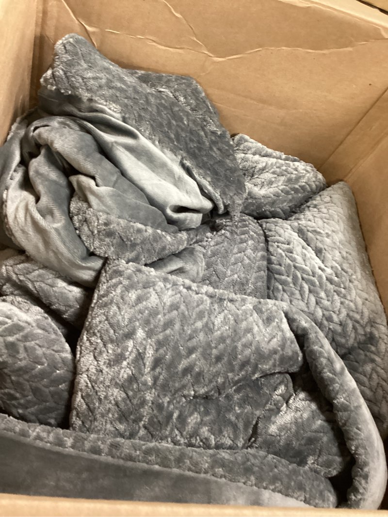Condition photo showing As Is for Flannel Fleece Queen Comforter Set - Furry Grey Leaves Pattern Faux Fur Bed Set, Winter Ultra Soft Fuzzy Comfort Set, Velvet Bedding Set for Bed with 2 Pillow Cases Grey Queen(88"x88")