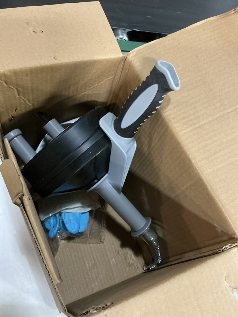 Condition photo showing New/Like New for drain auger, clog remover with drill adapter, 25 feet flexible plumbing snake use manually or powered for kitchen,bathrom and shower sink, comes with gloves(gray)