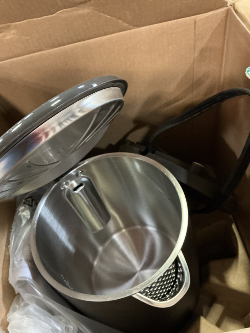 Condition photo showing As Is for cuisinart soho 1-liter double wall electric hot water kettle, tea kettle with stainless steel interior, one touch operation to boil water for tea, hot cocoa, or instant oatmeal, ck-10bk, black black 1.1 quarts