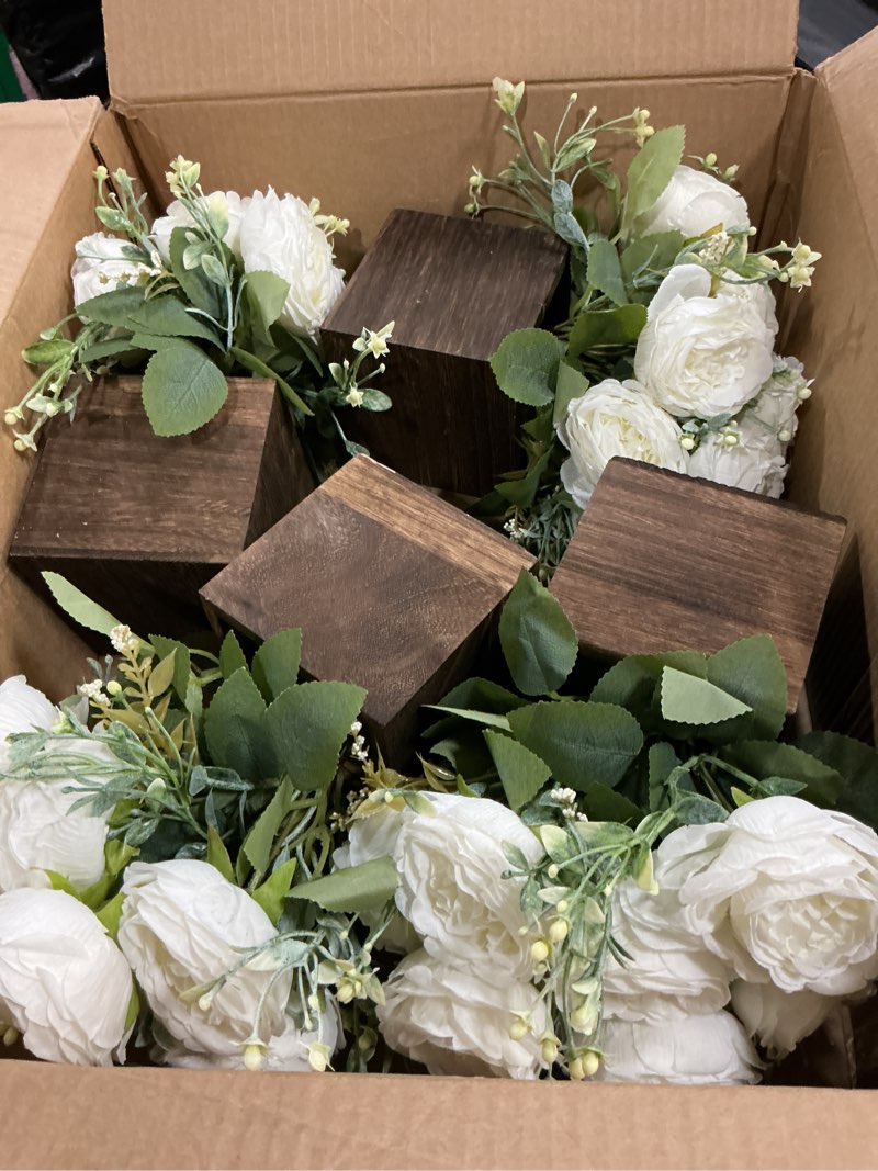 Condition photo showing As Is for dining table centerpiece set of 4 - artificial peony flowers with wooden vase - boho fake rose bouquets small faux silk floral arrangement for wedding party bathroom home décor, white