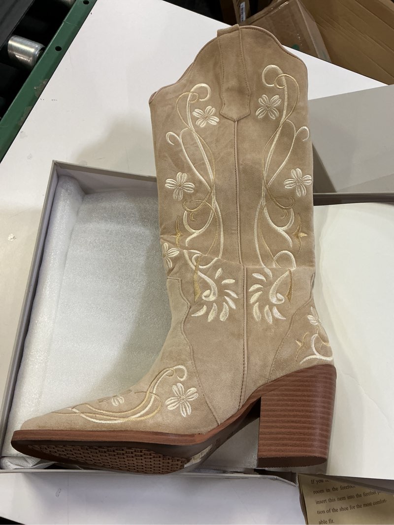Condition photo showing New/Like New for cowboy boots for women, knee high cowgirl boots with pointed toe, chunky heel, floral embroidery western boots suede tall boots 7.5 khaki