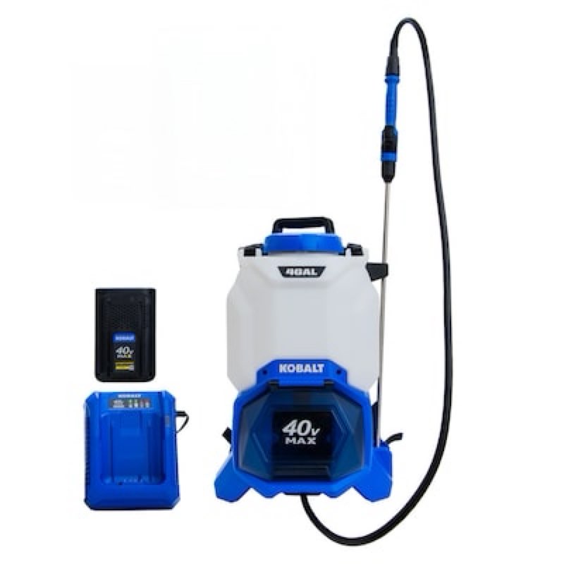 kobalt 4-gallon 40-volt battery operated plastic backpack sprayer with adjustable spray pattern