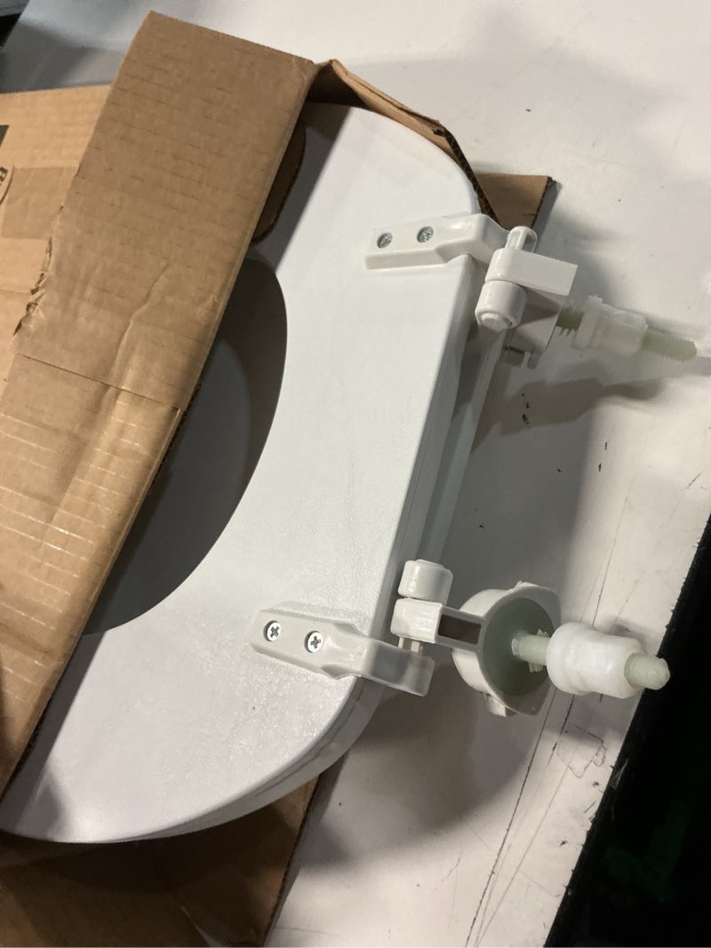 Condition photo showing Good Condition for mayfair padded toilet seat, cushioned soft vinyl over wood core seat, secure hinges, easy clean, made in usa, round, white round white toilet seat