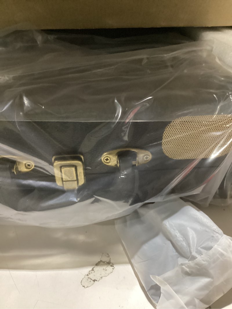 Condition photo showing As Is for vinyl record player bluetooth turntable 3-speed suitcase portable vintage belt-driven record player with built-in speakers rca line out aux in headphone jack lp recording to convert records to mp3 m415-black