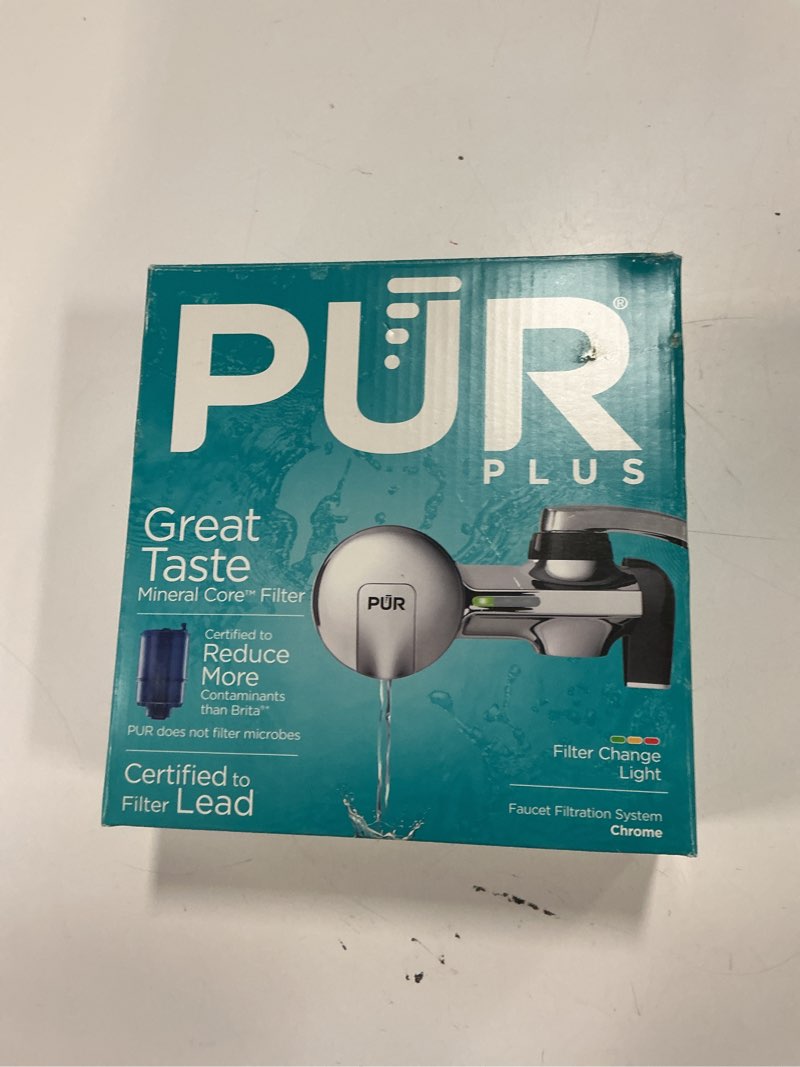 Condition photo showing New/Like New for PUR PLUS Faucet Mount Water Filtration System, 3-in-1 Powerful, Natural Mineral Filtration with Lead Reduction, Horizontal, Chrome, PFM400H