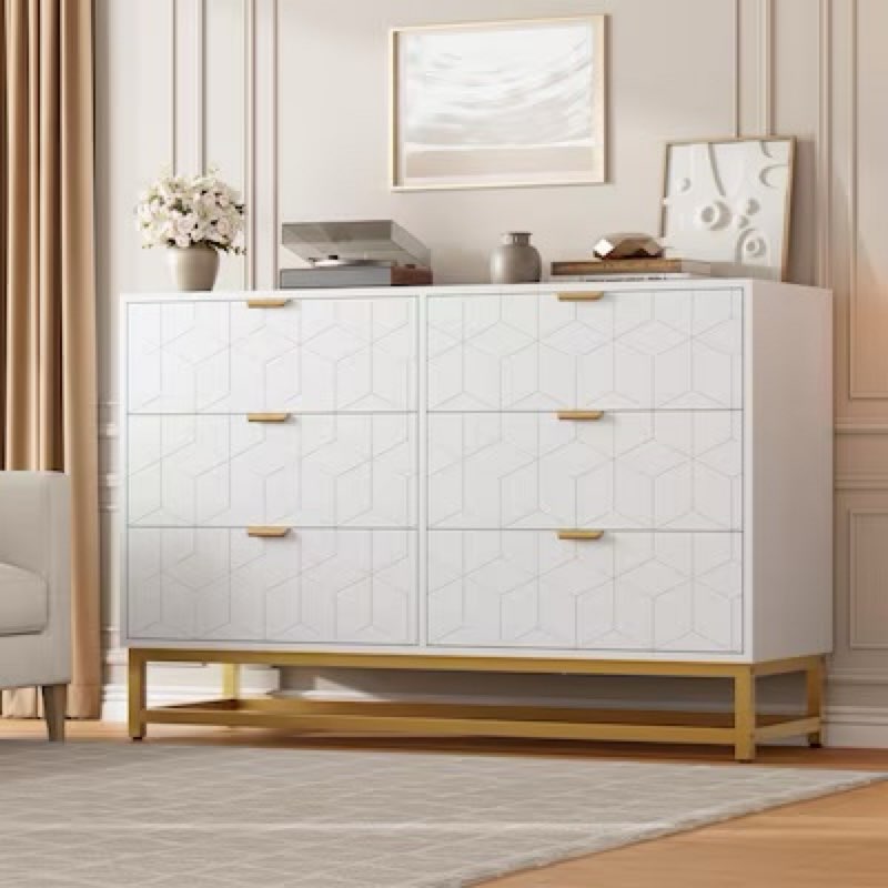 qeetex 47.2 inch wide modern 6 drawer dresser wide chest with gold metal legs 