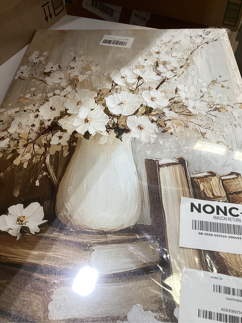 Condition photo showing Good Condition for stupell industries cherry blossoms in pottery brown floater framed canvas wall art design by petal prints design,