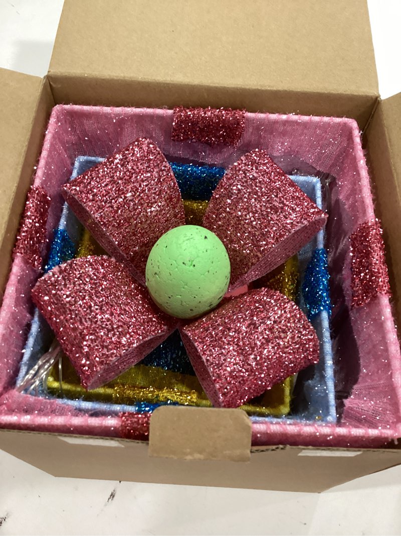 Condition photo showing Good Condition for timer & 8 mode 3 pack easter decorations, pink blue yellow easter lighted gift boxes with eggs glitter bow 60 led battery operated present box, easter decor spring party indoor outdoor home easter egg