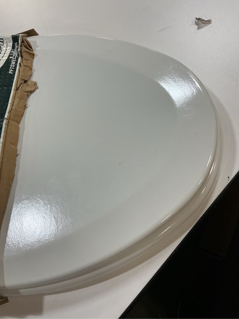Condition photo showing As Is for PROFLO PFTSWEC2000 Elongated Closed-Front Toilet Seat with Quick Release and Lid - White