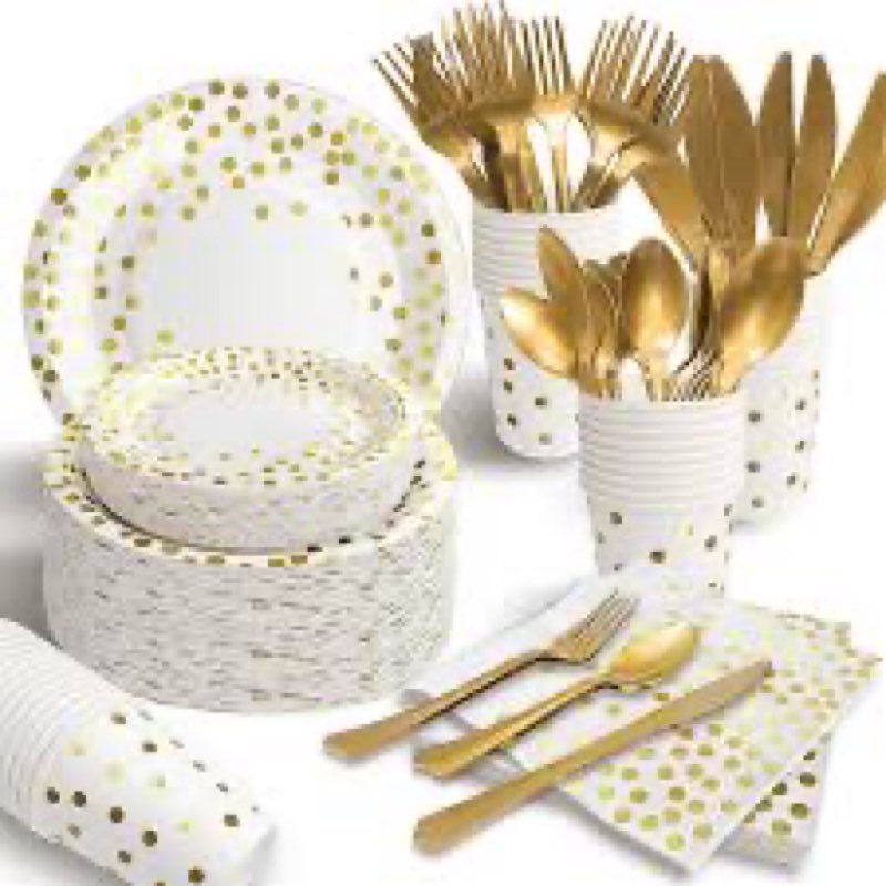 White Gold Paper Plates and Napkins, 350Pcs Gold Dot Party Supplies, Birthday Plates and Cups Napkin