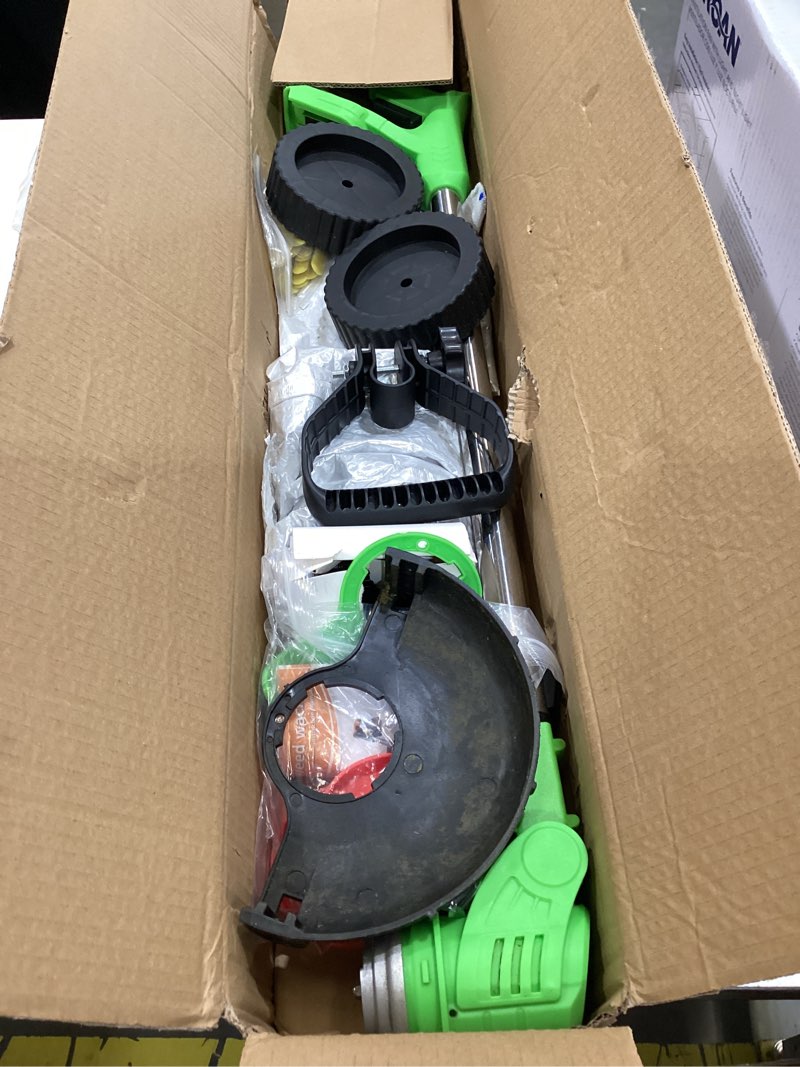 Condition photo showing As Is for cordless weed wacker with 2 batteries, lightweight 21v weed trimmer with wheels, electric grass trimmer, adjustable shaft lawn tool for small yard tight spaces 2x2.0 wheeled lawn mower kit