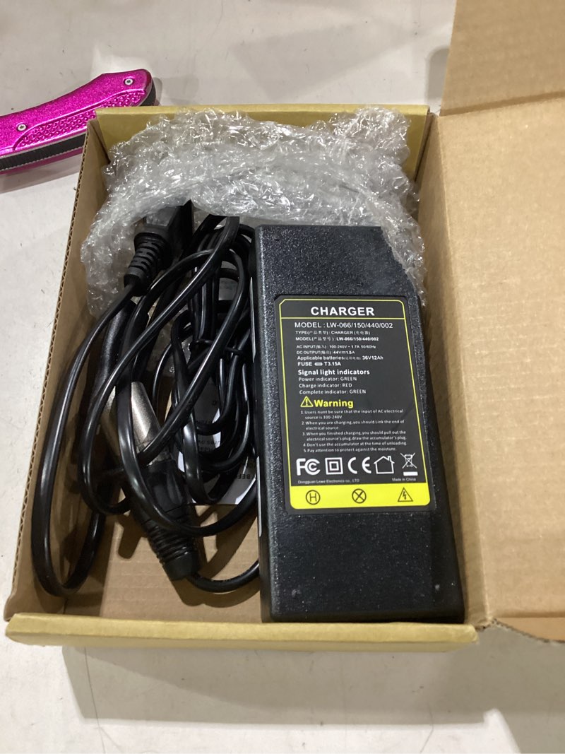 Condition photo showing As Is for 44v 1.5a scooter battery charger (for 36v lead acid battery) razor mx500 mx650 sx500, schwinn s600 s750 s1000 x1000, izip i600 i750 i1000, mongoose m750, x-treme x-600 650, stealth x1000, evo 500 1000