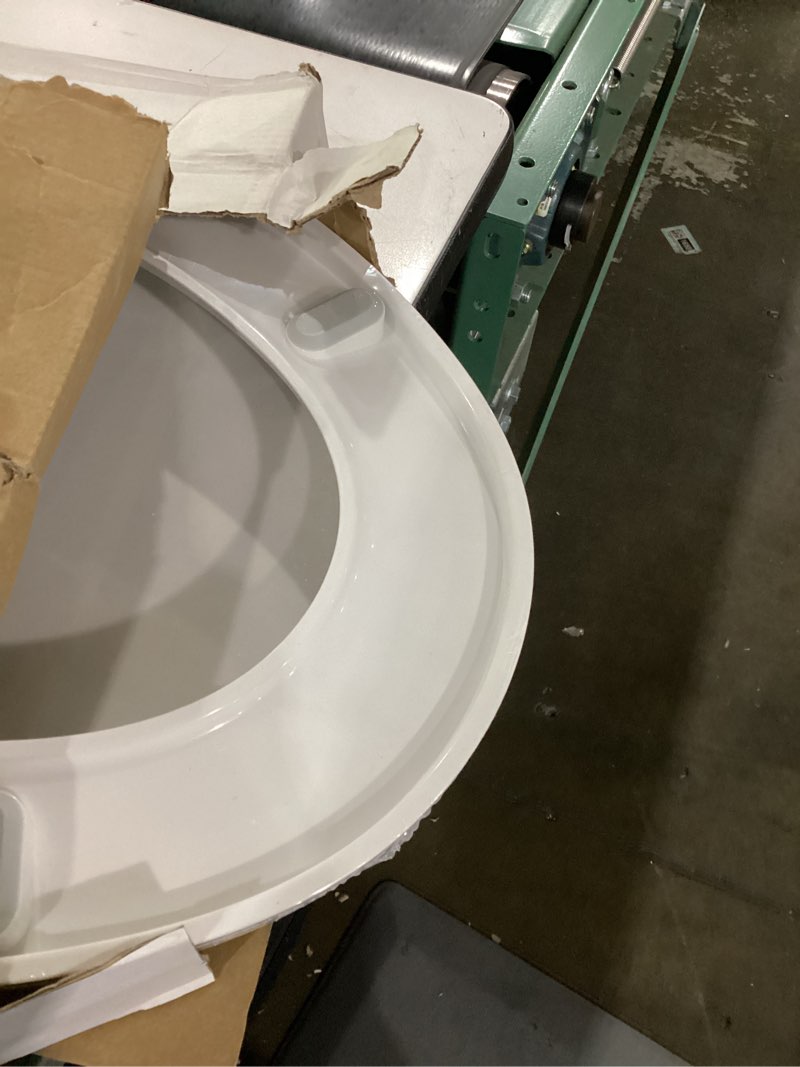 Condition photo showing As Is for elongated toilet seat, 18.5” soft/slow close oval (oblong) toilet seat for elongated toilets, no-slam quiet-close lid, easy-to-install & clean, durable never-loosen white plastic seat white elongated(oval)