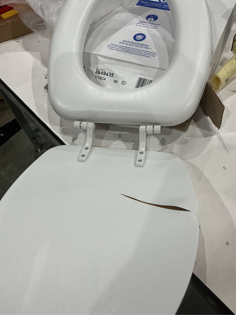 Condition photo showing As Is for mayfair by bemis eden cushioned vinyl white elongated padded toilet seat