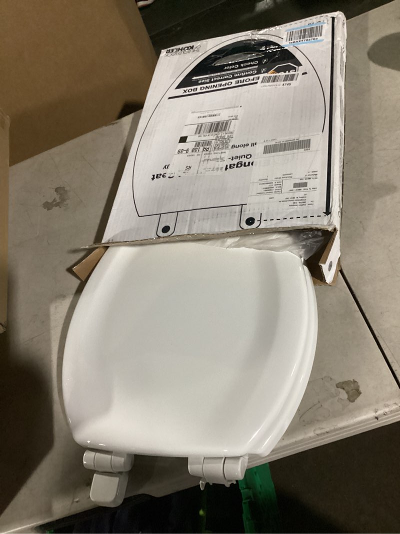 Condition photo showing Good Condition for kohler stonewood quiet-close elongated toilet seat, slow close design, durable wood, easy installation, universal fit, white finish, k-20466-0