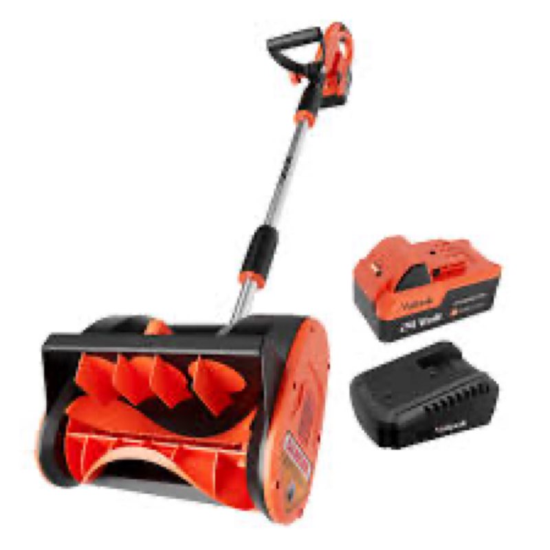 voltask cordless snow shovel, 24v | 12-inch snow blower cordless, battery snow shovel with directional plate & adjustable front handle (4-ah battery & quick charger included) 12inch orange