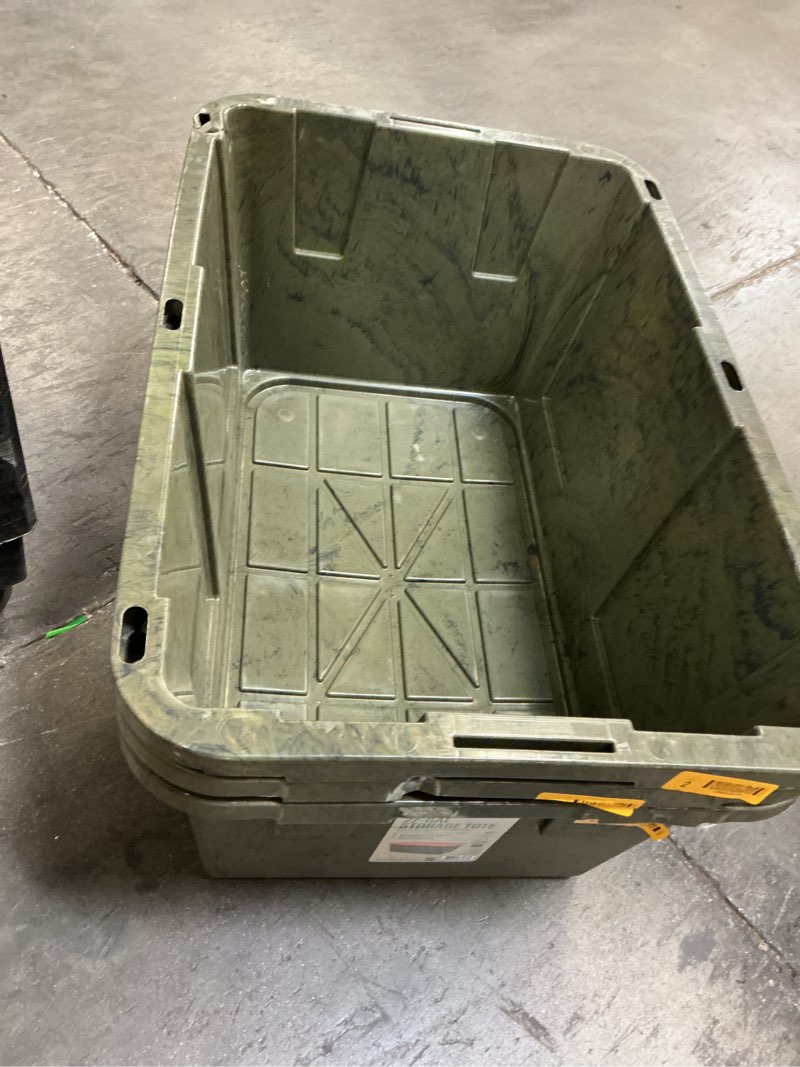 Condition photo showing As Is for (pack of 3)master forge large 27 -gallons ( 108 -quarts ) camo / orange heavy duty stackable tote with standard snap lid