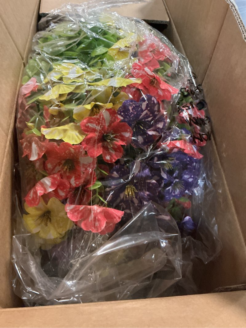 Condition photo showing Good Condition for artificial flower & eucalyptus with hanging basket - 2pcs faux uv sun resistant morning glory in planter, fake colorful silk flowers for spring summer porch patio balcony yard decor (mixed color)