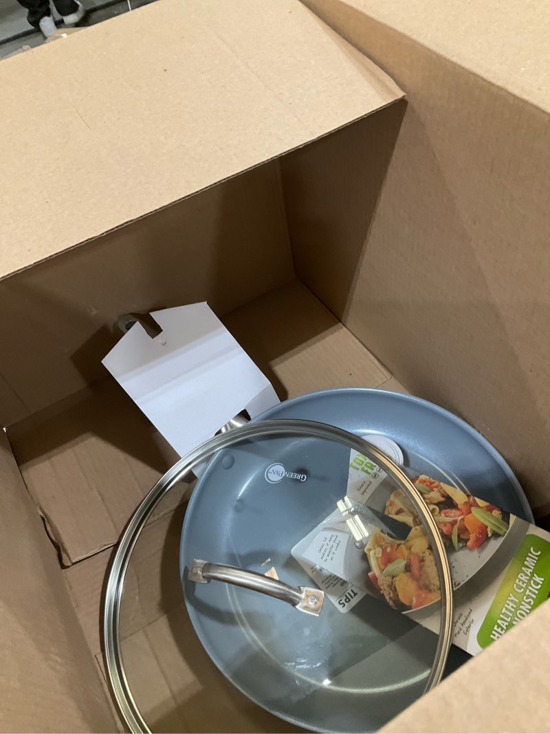 Condition photo showing As Is for GreenPan Lima Hard Anodized 12" Frying Pan Skillet with Lid, Ceramic Nonstick, PFAS-Free Nontoxic Pots and Pans, Oven & Broiler Safe, Stainless Steel Handle, Cookware for Eggs & Omelet, Gray