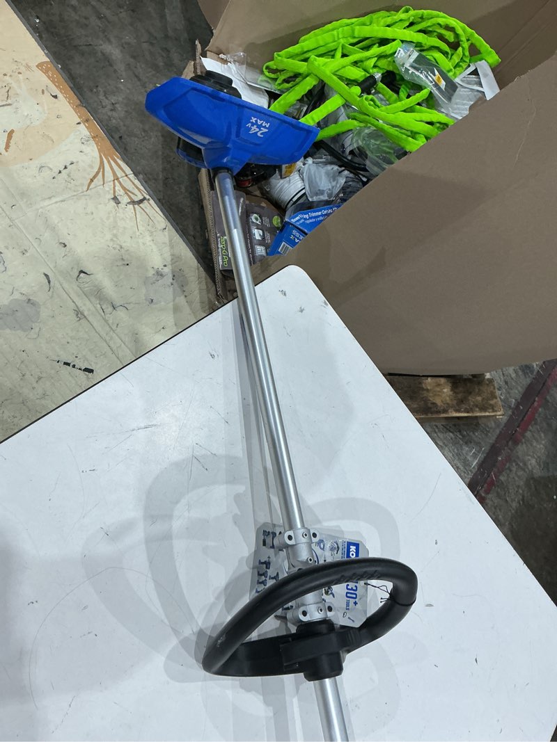 Condition photo showing As Is for kobalt 24-volt 14-in straight shaft battery string trimmer
