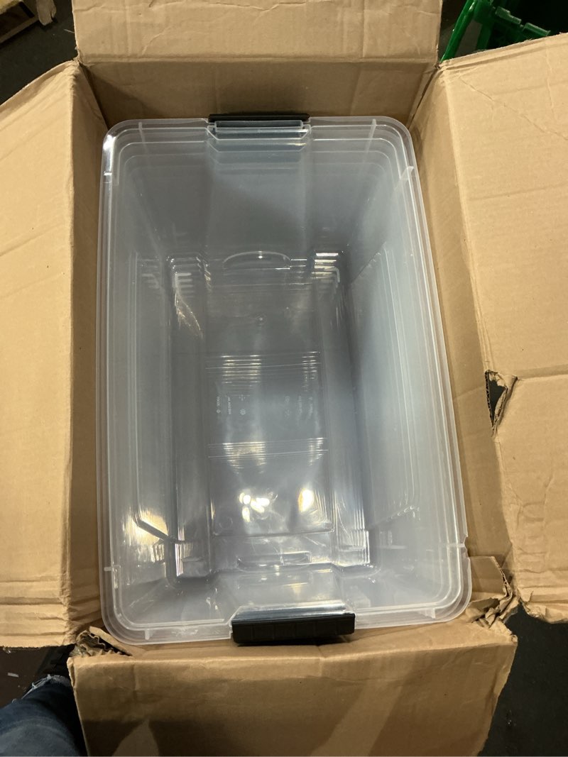 Condition photo showing As Is for ( incomplete) IRIS USA 72 QT Plastic Storage Box with Lid and Latches - 5 Pack - BPA-Free, See-Through Organizing Solution, Durable Nestable Stackable Containers, Secure Pull Handle - Clear Clear 72 Qt 5 Pack