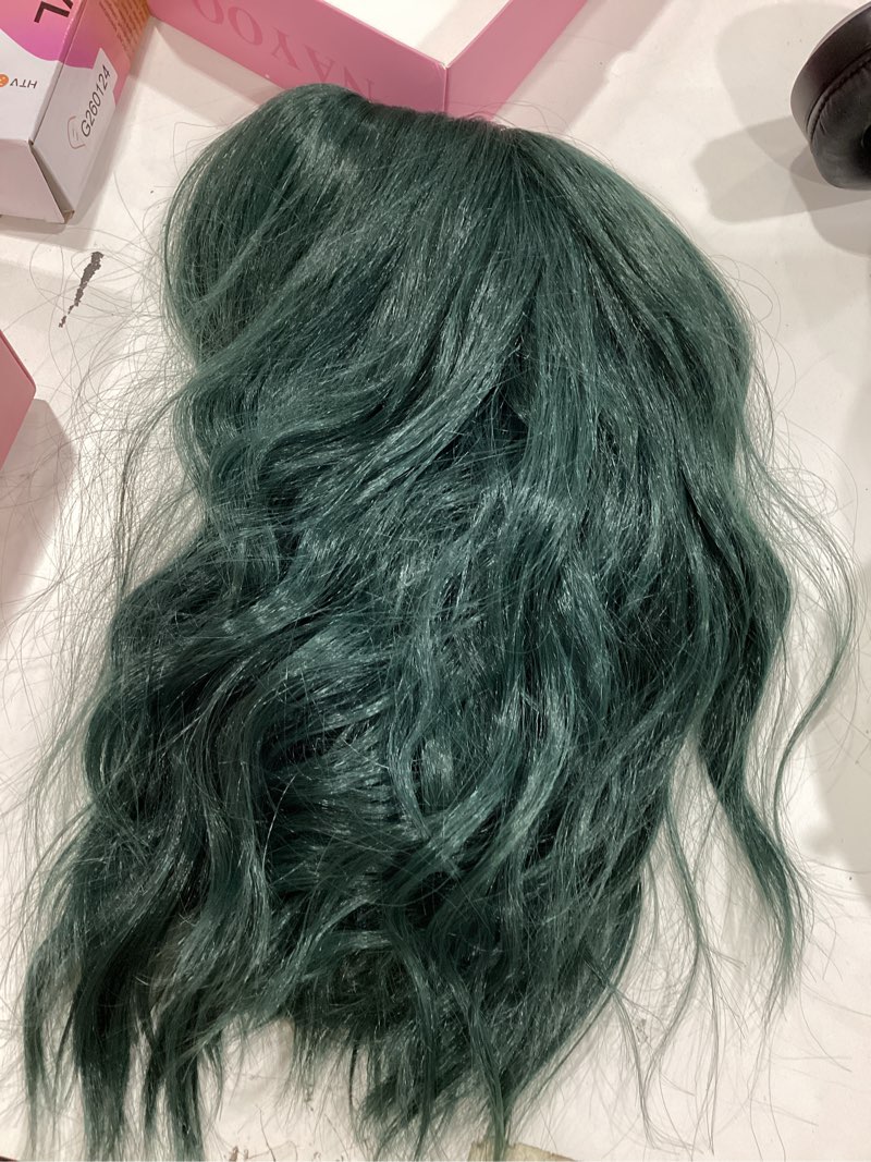 Condition photo showing As Is for nayoo dark green wig with bangs, 14 inch bob wig with bangs, shoulder length green short wig for daily party use 14 inch dark green