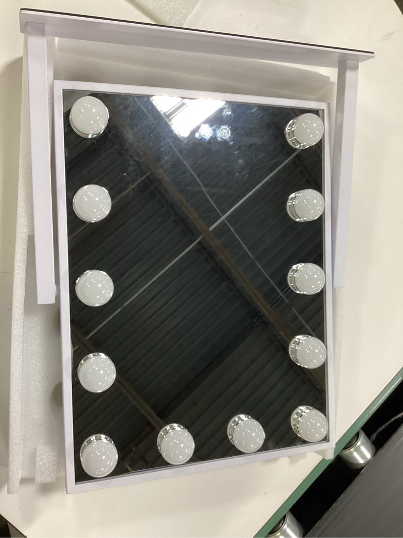 Condition photo showing Good Condition for vanity mirror with lights, hollywood lighted makeup mirror with 3 color lighting modes and 12 dimmable bulbs, detachable 5x magnification, smart touch control, 360°rotation, white