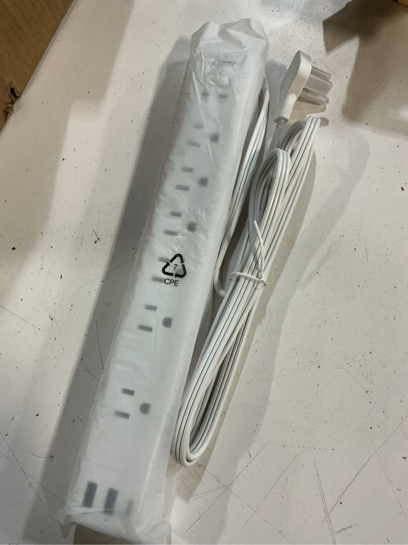 Condition photo showing New/Like New for flat plug surge protector power strip, 6ft ultra thin extension cord with 3 usb, superdanny 6 outlets charging station, wall mountable outlet extender for home office, college dorm room 6ft white