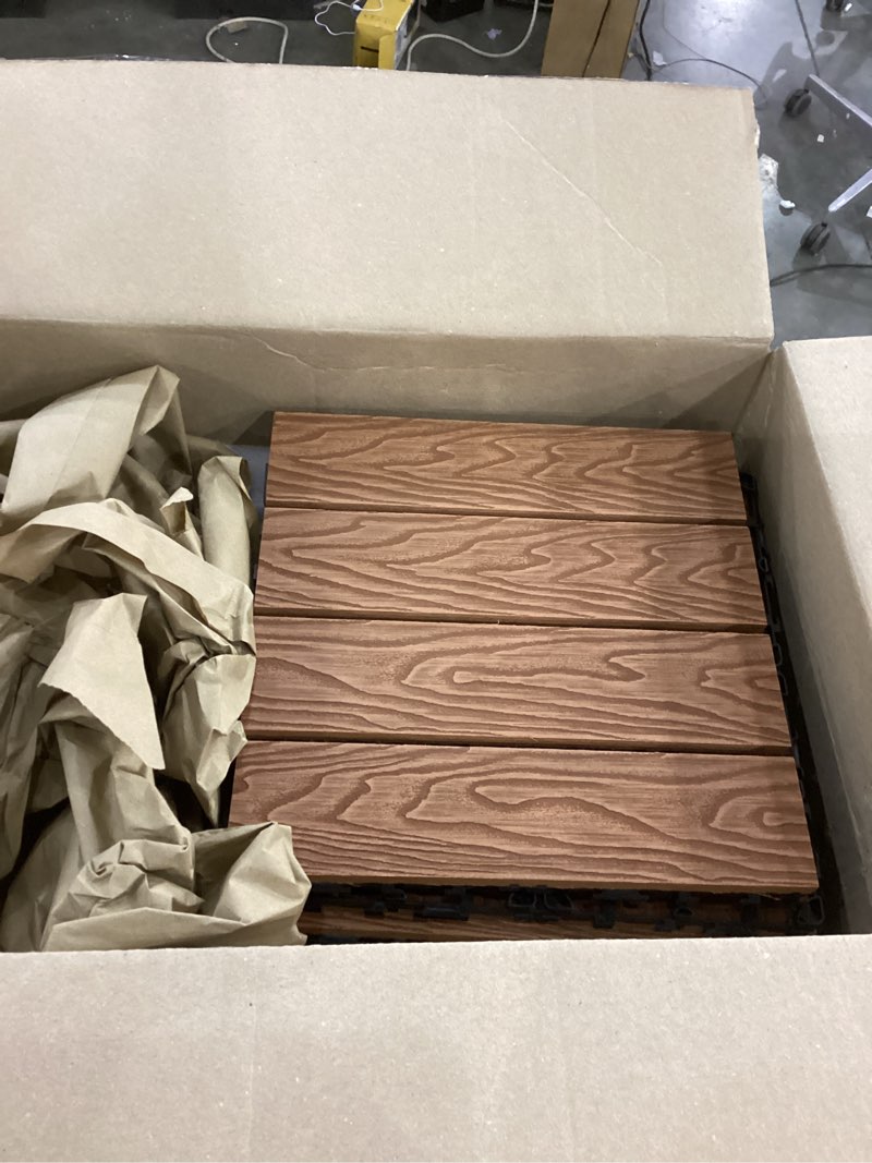 Condition photo showing As Is for IDZO Wood Plastic Composite Deck Tiles Set of 10, Sustainable FSC Composite Decking Resist Rust, Water, Weather, Easy to DIY & Maintain, Ideal for Patios, Balconies, Rooftops, Decks - Red Brown Red brown Plastic composite