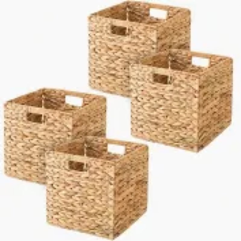 set of 4 foldable scalloped water hyacinth storage cubes basket, storage cube bins -12"x12"x12", col