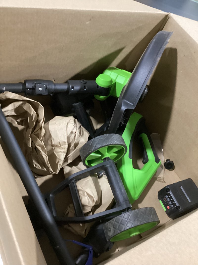 Condition photo showing As Is for 14" walk behind string trimmer with wheels, cordless weed wacker green