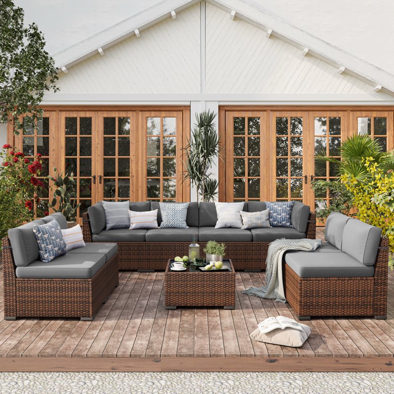 (Incomplete, 1 box only ) 8 Person Rattan Sectional Seating Group With Cushions Cushion Color: Gray