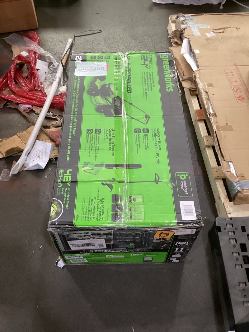 Condition photo showing Good Condition for greenworks 48v (24v x 2) high - performance cordless yard tool combo: 21" self propelled lawn mower, 12" trimmer & blower, with 3 batteries & 2 chargers 21" sp mower combo
