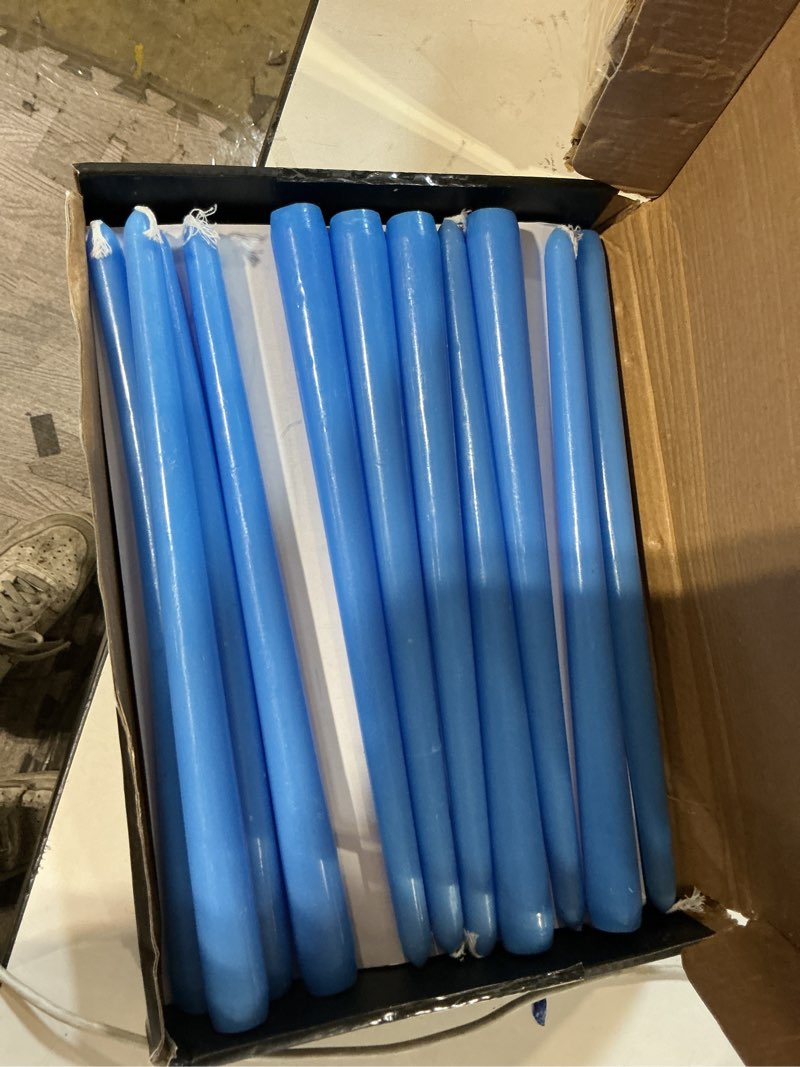Condition photo showing Good Condition for taper candles 10 inch (h) dripless, set of 24 unscented and smokeless taper candles long burning, paraffin wax with cotton wicks for burning 8 hours time, multiple colors available