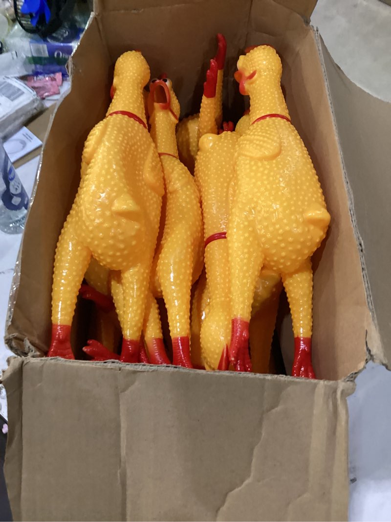 Condition photo showing Good Condition for honoson 32 pcs 12'' rubber chicken dog toy squeeze screaming chicken toy novelty squeaky squawking loud noise makers for adults dogs pets reduce separation stress anxiety (yellow) yellow 32