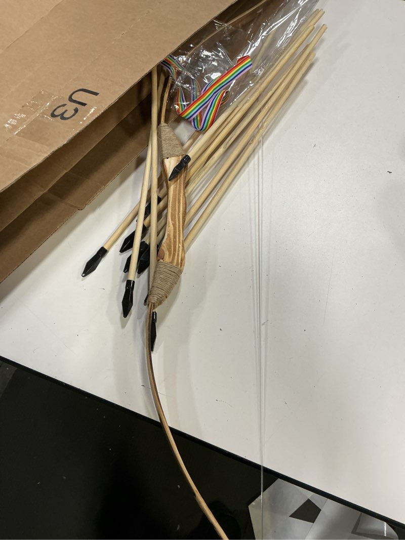 Condition photo showing As Is for kids bow and arrow set, 32 inch archery set handmade wooden toy bow and arrow for kids 4-6 8-12, cosplay game costume prop play, 1 bows 1 quivers and 10 wood arrows, gifts for youth boys & girls red