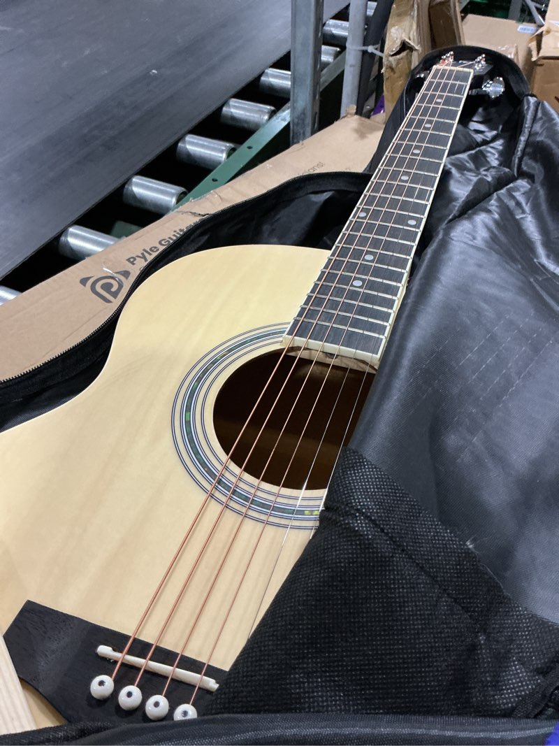 Condition photo showing As Is for pyle cutaway acoustic electric guitar and amp kit, 4/4 full size spruce wood body with 10w amplifier, gig bag, strap, extra steel strings, picks, cable, for beginners and adults, natural