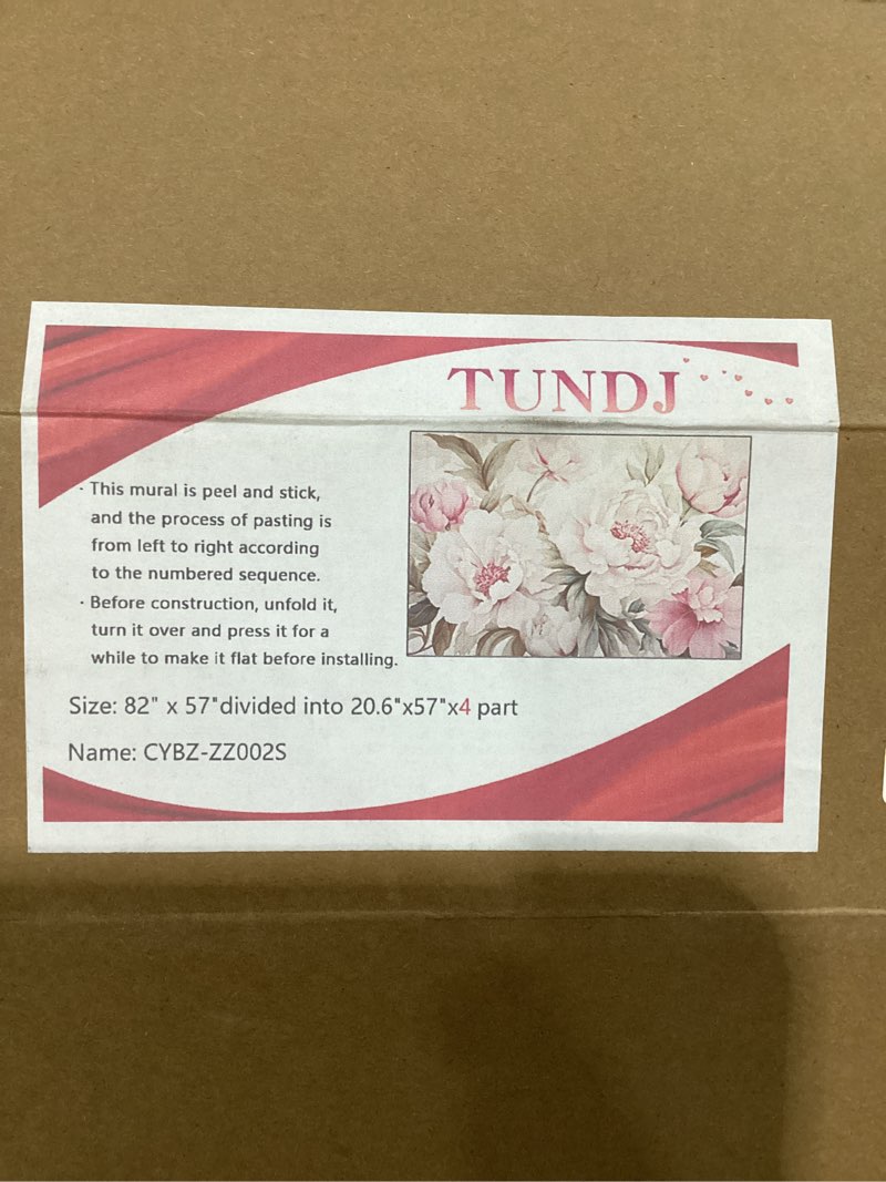 peel-and-stick mural with a pink and white floral (peony) design. Total size: 82" x 57". Divided into four parts, each measuring 20.6" x 57"