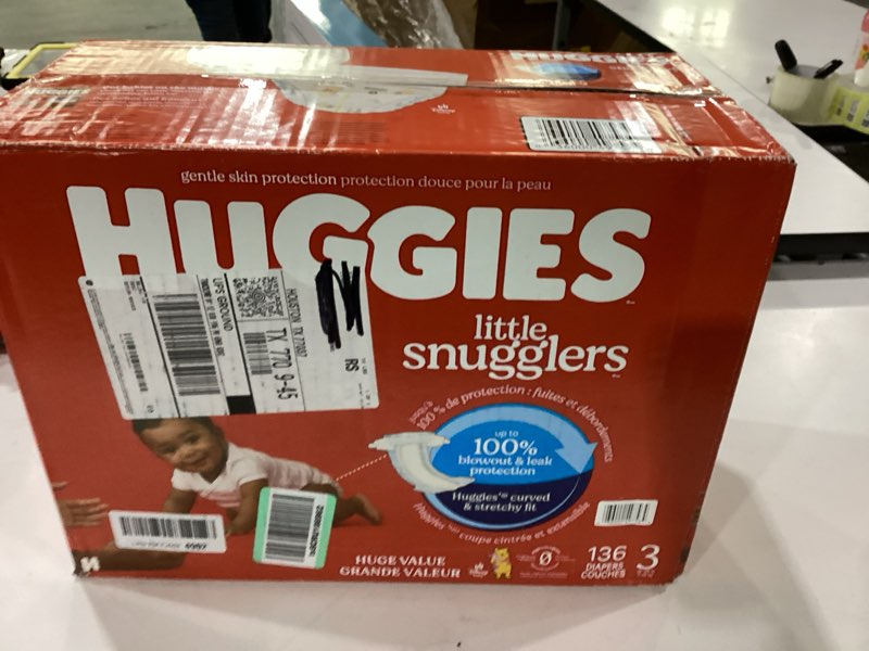 Condition photo showing New/Like New for huggies size 3 diapers, little snugglers baby diapers, size 3 (16-28 lbs), 136 count size 3 136